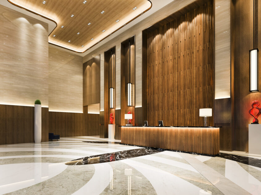 3d rendering grand luxury hotel reception hall and lounge restaurant with high ceiling